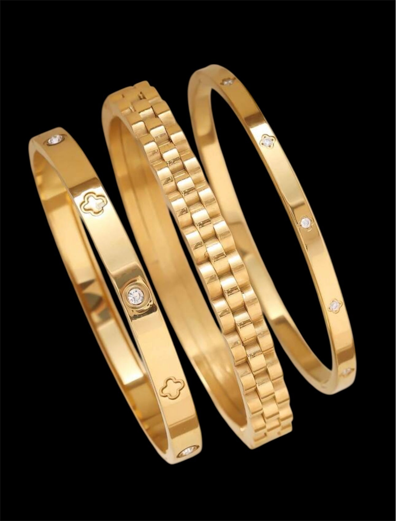 3er-Set 18 Karat Vergoldete Edelstahl Stapel-Armbänder mit Kleeblatt-Design