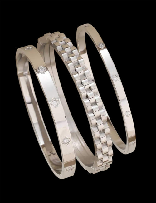 3er-Set Silber Edelstahl Stapel-Armbänder mit Kleeblatt-Design